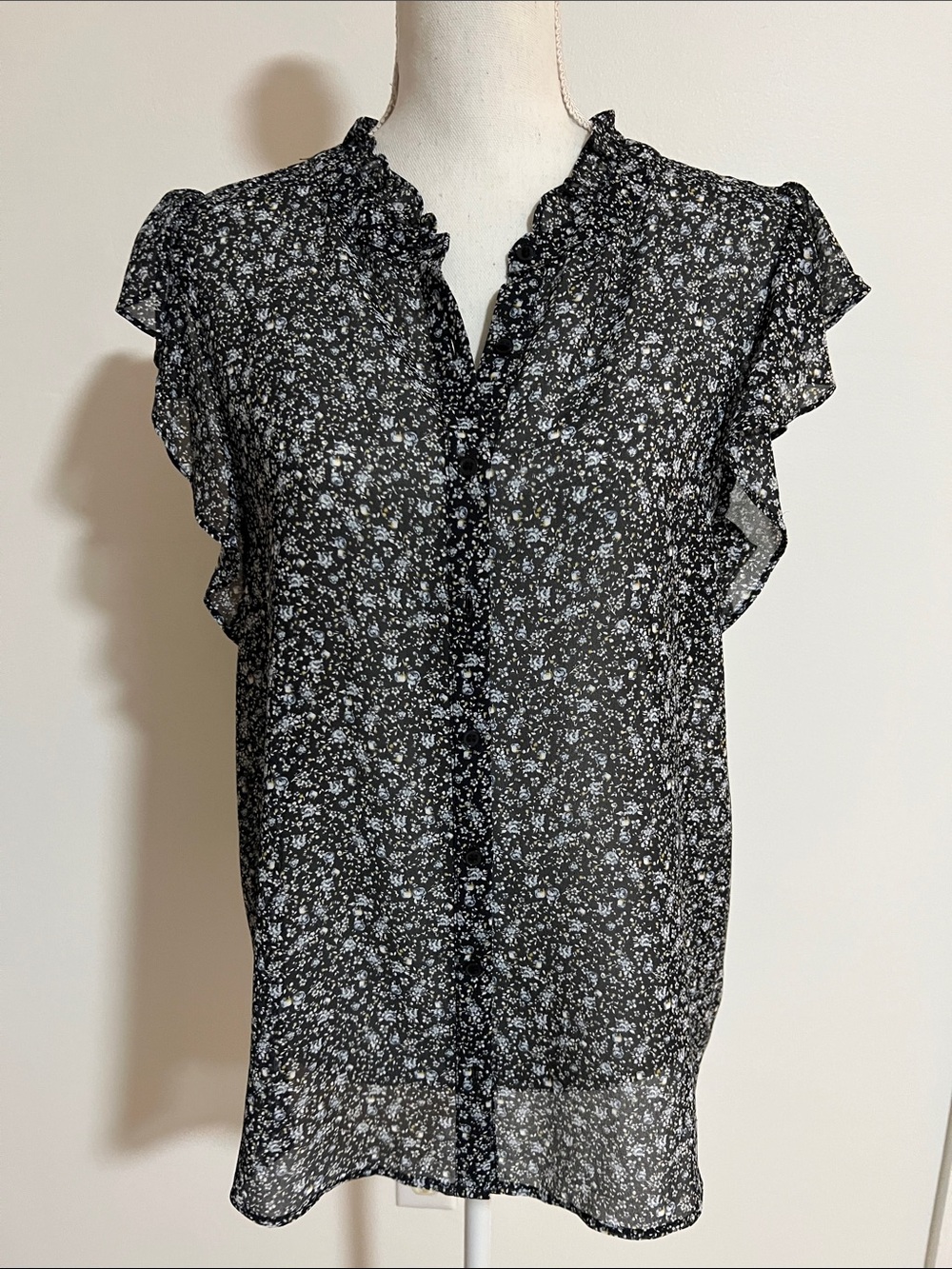Pleione Navy Floral Ruffle Cap-Sleeve Blouse
